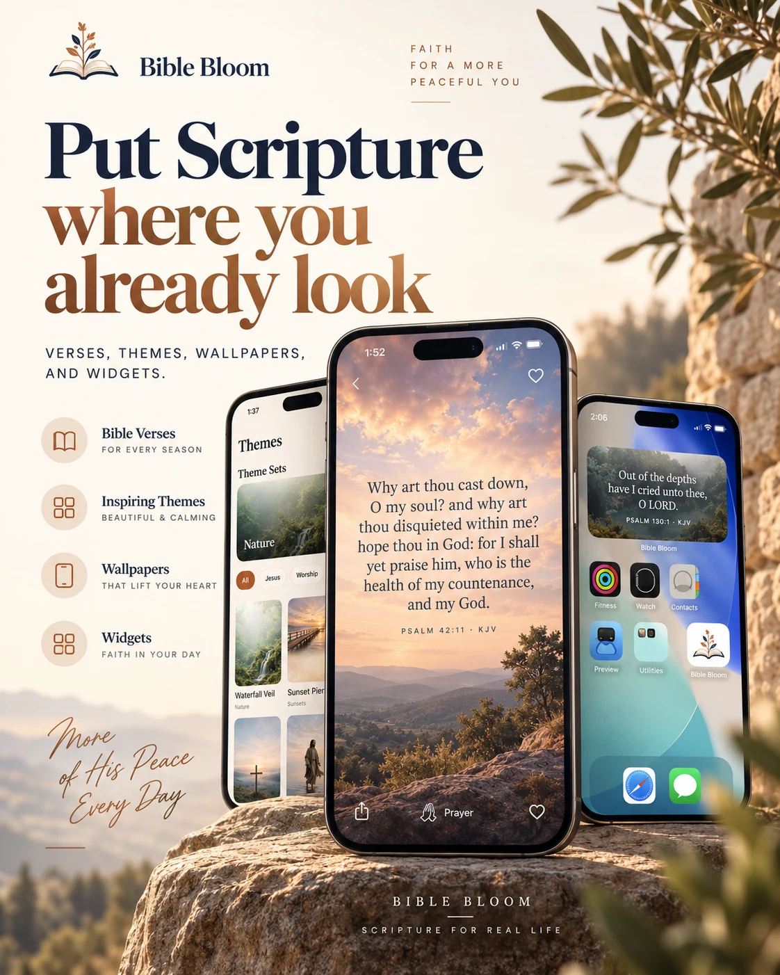 Bible Bloom promotional artwork showing app, theme and Home Screen widget